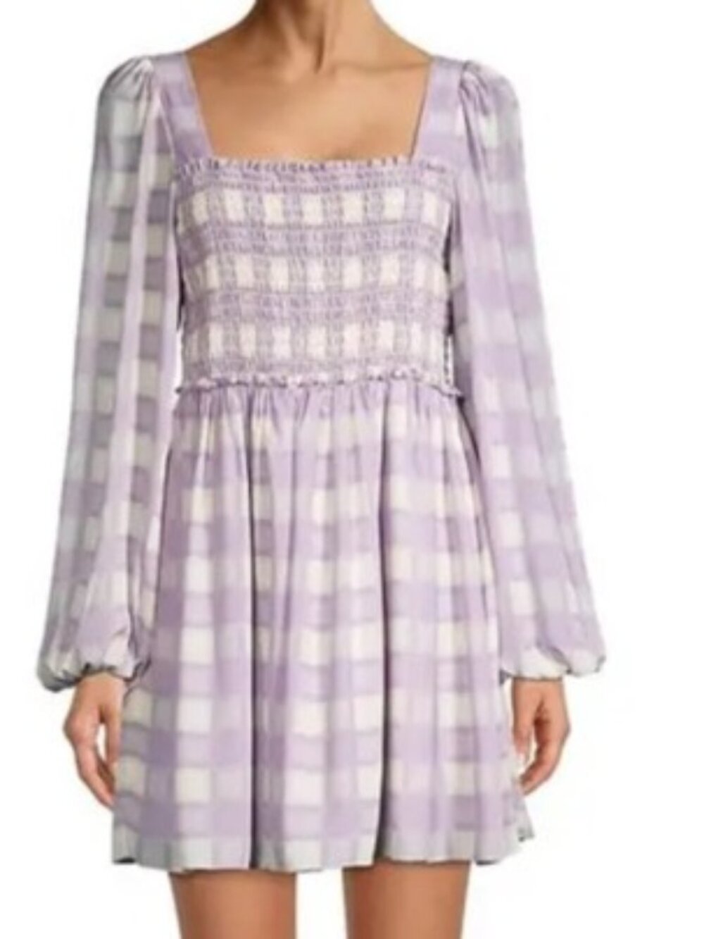 TOCCIN Smocked Puff Sleeve Minidress Checkered Lavender and White Size Large